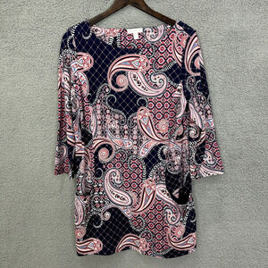Charter Club Sheath Dress Women Large Blue Paisley 3/4 Sleeve Stretch Boho Retro